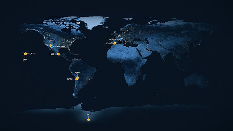 Map of telescopes that make up the Event Horizon Telescope collaboration