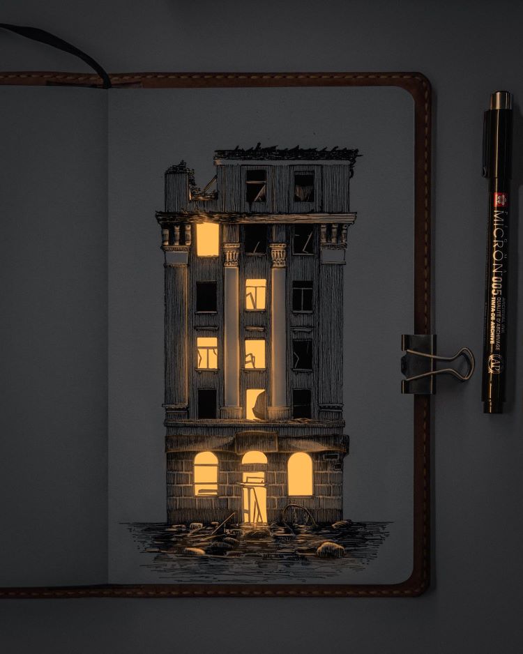 Glowing Pen Drawing Of Building