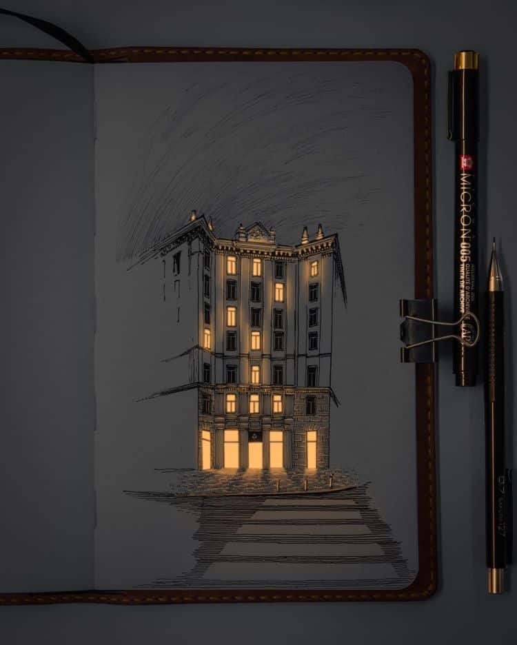 Glowing Pen Drawing Of Building